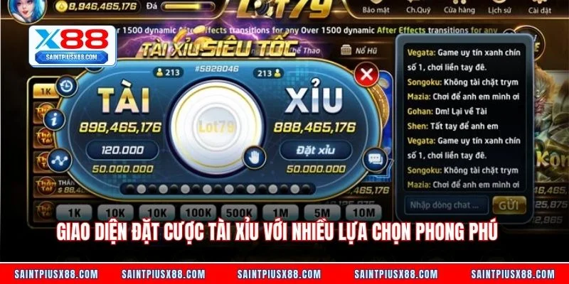 Giao diện đặt cược tài xỉu với nhiều lựa chọn phong phú